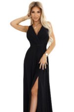 587-1 MONIQUE long exclusive dress with a neckline and a leg slit - black with glitter-8