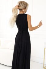 587-1 MONIQUE long exclusive dress with a neckline and a leg slit - black with glitter-5