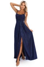 589-2 Long dress with subtle shimmer and corset back tie - navy blue with glitter-8