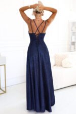 589-2 Long dress with subtle shimmer and corset back tie - navy blue with glitter-3