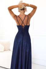 589-2 Long dress with subtle shimmer and corset back tie - navy blue with glitter-5