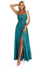 589-3 Long dress with subtle shimmer and corset back tie - green with glitter-8