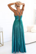 589-3 Long dress with subtle shimmer and corset back tie - green with glitter-2