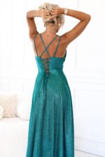 589-3 Long dress with subtle shimmer and corset back tie - green with glitter-5