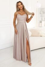 589-4 Long Dress with Subtle Shimmer and Corset Back Tie - Blush Pink with Glitter-1