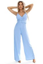 593-2 Elegant wrap jumpsuit with wide legs and belt - light blue-7