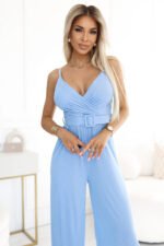 593-2 Elegant wrap jumpsuit with wide legs and belt - light blue-2