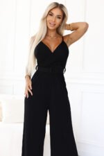 593-3 Elegant Jumpsuit with Wrap Neckline, Wide Legs and Belt - Black-5