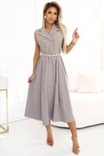 596-2 Elegant midi shirt dress with gold buttons and belt - gray beige-1