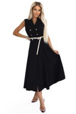 596-3 Elegant midi shirt dress with gold buttons and belt - black-7
