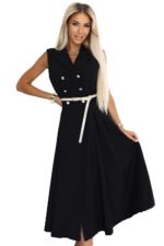596-3 Elegant midi shirt dress with gold buttons and belt - black-8
