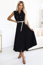 596-3 Elegant midi shirt dress with gold buttons and belt - black-4