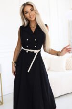596-3 Elegant midi shirt dress with gold buttons and belt - black-2