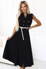 596-3 Elegant midi shirt dress with gold buttons and belt - black-1