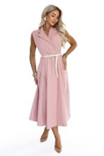 596-6 Elegant midi shirt dress with gold buttons and a belt - powder pink-8