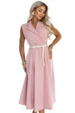 596-6 Elegant midi shirt dress with gold buttons and a belt - powder pink-9