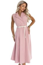 596-6 Elegant midi shirt dress with gold buttons and a belt - powder pink-9