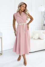 596-6 Elegant midi shirt dress with gold buttons and a belt - powder pink-3