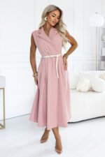 596-6 Elegant midi shirt dress with gold buttons and a belt - powder pink-3