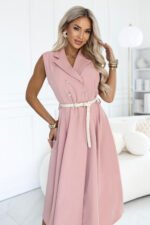 596-6 Elegant midi shirt dress with gold buttons and a belt - powder pink-1