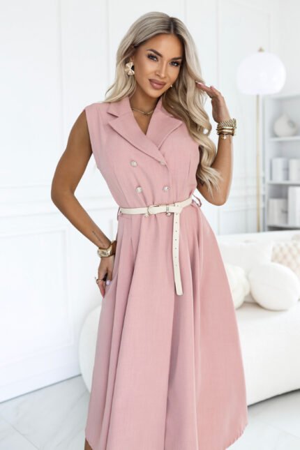 596-6 Elegant midi shirt dress with gold buttons and a belt - powder pink-1