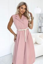 596-6 Elegant midi shirt dress with gold buttons and a belt - powder pink-1