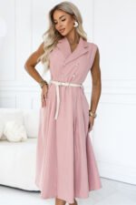 596-6 Elegant midi shirt dress with gold buttons and a belt - powder pink-5