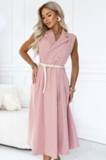 596-6 Elegant midi shirt dress with gold buttons and a belt - powder pink-5