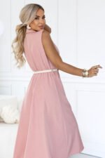 596-6 Elegant midi shirt dress with gold buttons and a belt - powder pink-4