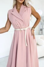 596-6 Elegant midi shirt dress with gold buttons and a belt - powder pink-6