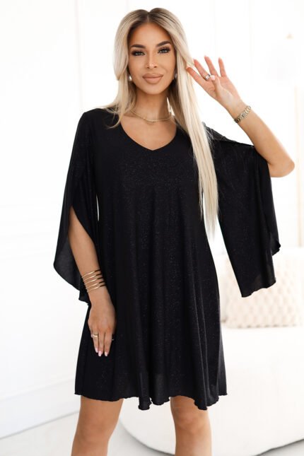 597-1 LIVIA Elegant trapeze dress with butterfly sleeves - black with glitter-1