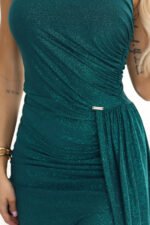 600-2 SELENA shimmering long one-shoulder dress with a slit - green with glitter-6