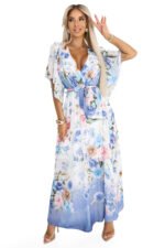603-3 Airy wrap maxi dress with floral pattern - blue roses-7