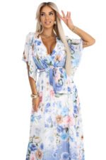 603-3 Airy wrap maxi dress with floral pattern - blue roses-8