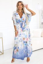 603-3 Airy wrap maxi dress with floral pattern - blue roses-1