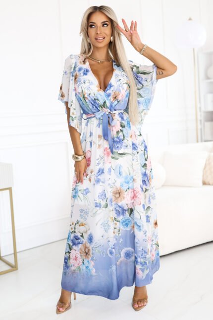 603-3 Airy wrap maxi dress with floral pattern - blue roses-1