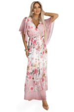 603-4 Airy wrap maxi dress with floral pattern - pink roses-9