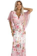 603-4 Airy wrap maxi dress with floral pattern - pink roses-10
