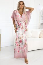 603-4 Airy wrap maxi dress with floral pattern - pink roses-2