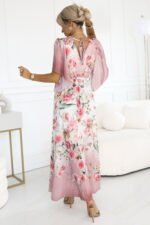 603-4 Airy wrap maxi dress with floral pattern - pink roses-4