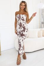 611-1 SAVANNAH strapless fitted dress - brown and white boho pattern-1