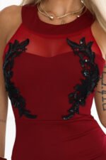 617-2 Long mermaid dress with black lace and mesh - burgundy-7