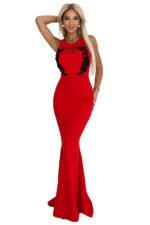 617-3 Long mermaid dress with black lace and mesh - red-7