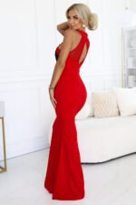 617-3 Long mermaid dress with black lace and mesh - red-3
