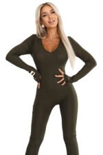 619-2 Comfortable and elegant ribbed women's jumpsuit with a neckline - khaki-9