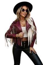 624-2 Short jacket with fringes made of soft eco-leather - burgundy-9
