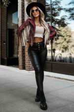624-2 Short jacket with fringes made of soft eco-leather - burgundy-3