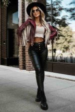 624-2 Short jacket with fringes made of soft eco-leather - burgundy-3
