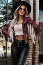 624-2 Short jacket with fringes made of soft eco-leather - burgundy-2