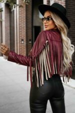 624-2 Short jacket with fringes made of soft eco-leather - burgundy-7